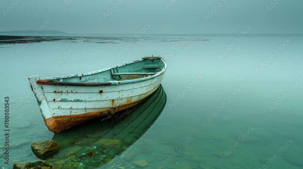 Fototapeta premium A boat floating atop a tranquil body of water alongside a majestic lake with boulders scattered in the foreground
