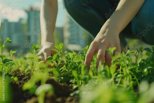 Close-up of hands planting, weeding and thinning plants in urban community garden. Sustainability, promoting environmentally friendly practices, community engagement, and local food production concept