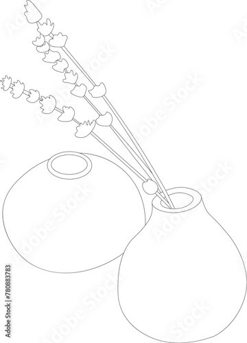 Two drawn round vases with a branch in one