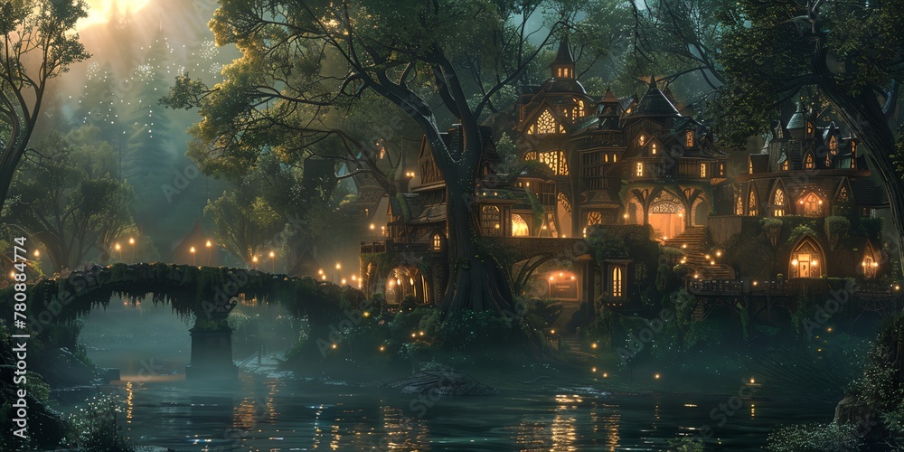 A fantasy scene with a bridge and a house with a lot of lights