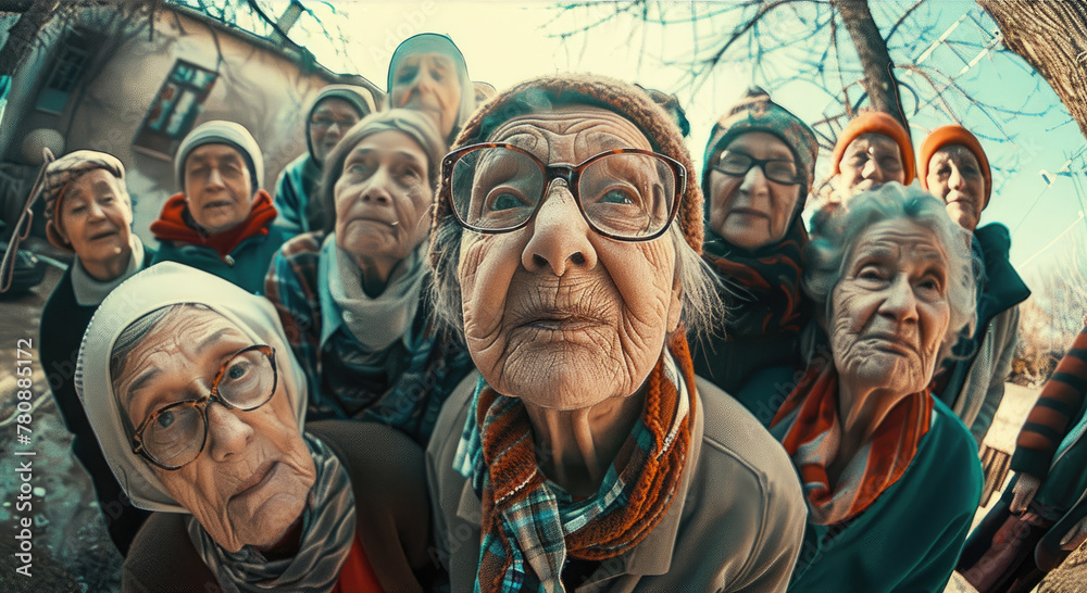 A group of grandmother is taking selfie looking at the camera A group of grandmother is taking selfie looking at the camera