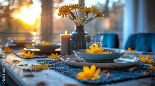  Sunflowers and a vase of flowers adorn a table set for a meal photo