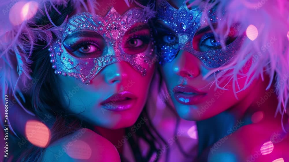 beautiful women in cabaret disco bar setting with masquerade mask, created with generative AI 