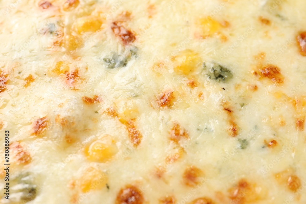 Delicious cheese pizza as background, closeup view