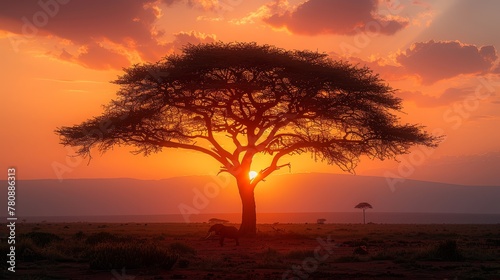   Giraffe beside tree in field  sunset backdrop