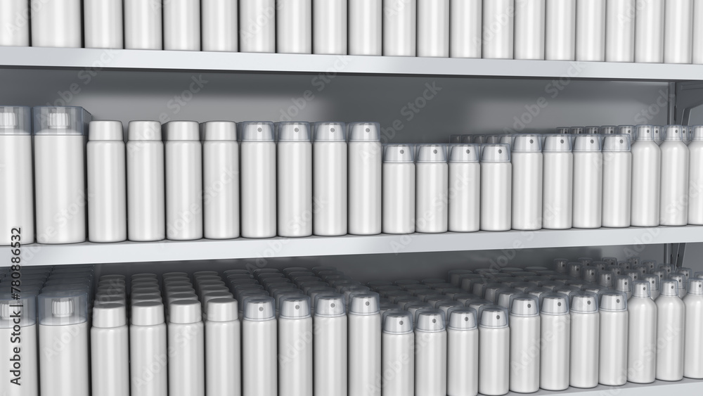Retail shelves mockup with blank different aerosol cans close up. 3d illustration