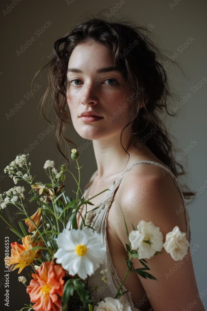 young scandinavian woman in her 20s in minimalist studio setting with natural window light and flowers for skincare no make up natural look with thoughtful expression for magazine editorial look young scandinavian woman in her 20s in minimalist studio setting with natural window light and flowers for skincare no make up natural look with thoughtful expression for magazine editorial look