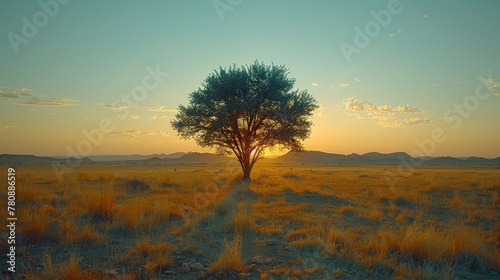  A solitary tree in a field, sun sinking behind, mountain range at distance