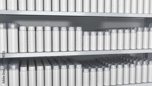 Retail shelves mockup with blank different aerosol cans close up. 3d illustration