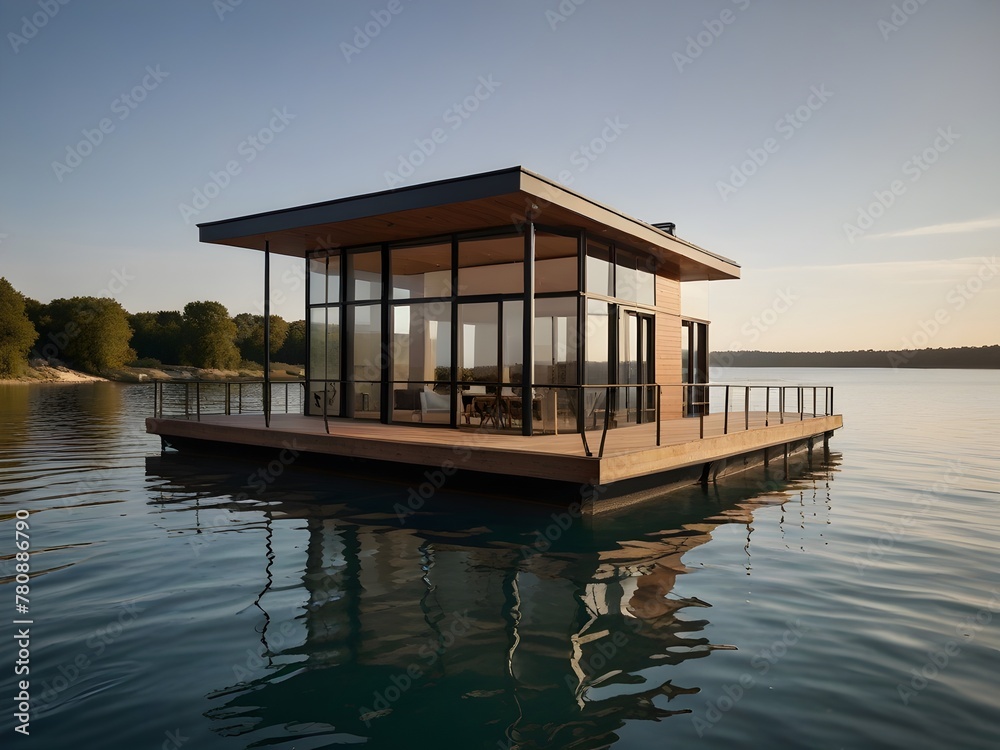 A floating house designed for waterfront living, with expansive decks and floor-to-ceiling windows, generative AI A floating house designed for waterfront living, with expansive decks and floor-to-ceiling windows, generative AI