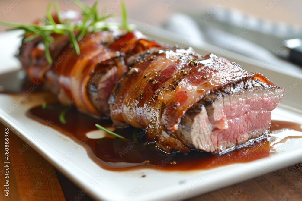 Bacon wrapped tenderloin with demi glace sauce Bacon wrapped tenderloin with demi glace sauce