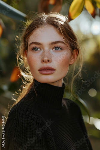 close up of young caucasian woman in nature with freckles and pale skin blue eyes in magazine editorial look with leafs herbal greenery looking at camera for natural beauty skincare spa commercial photo