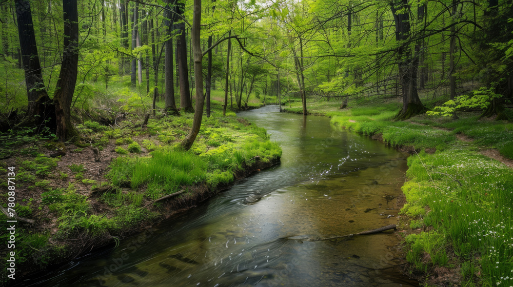 Fototapeta premium Serene stream flows through a lush springtime forest with vibrant green foliage