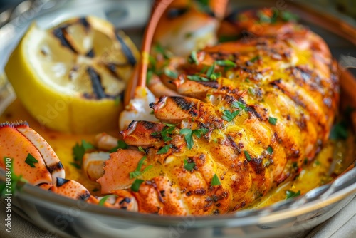 Barbecued lobster tail with saffron lemon sauce on metal tray