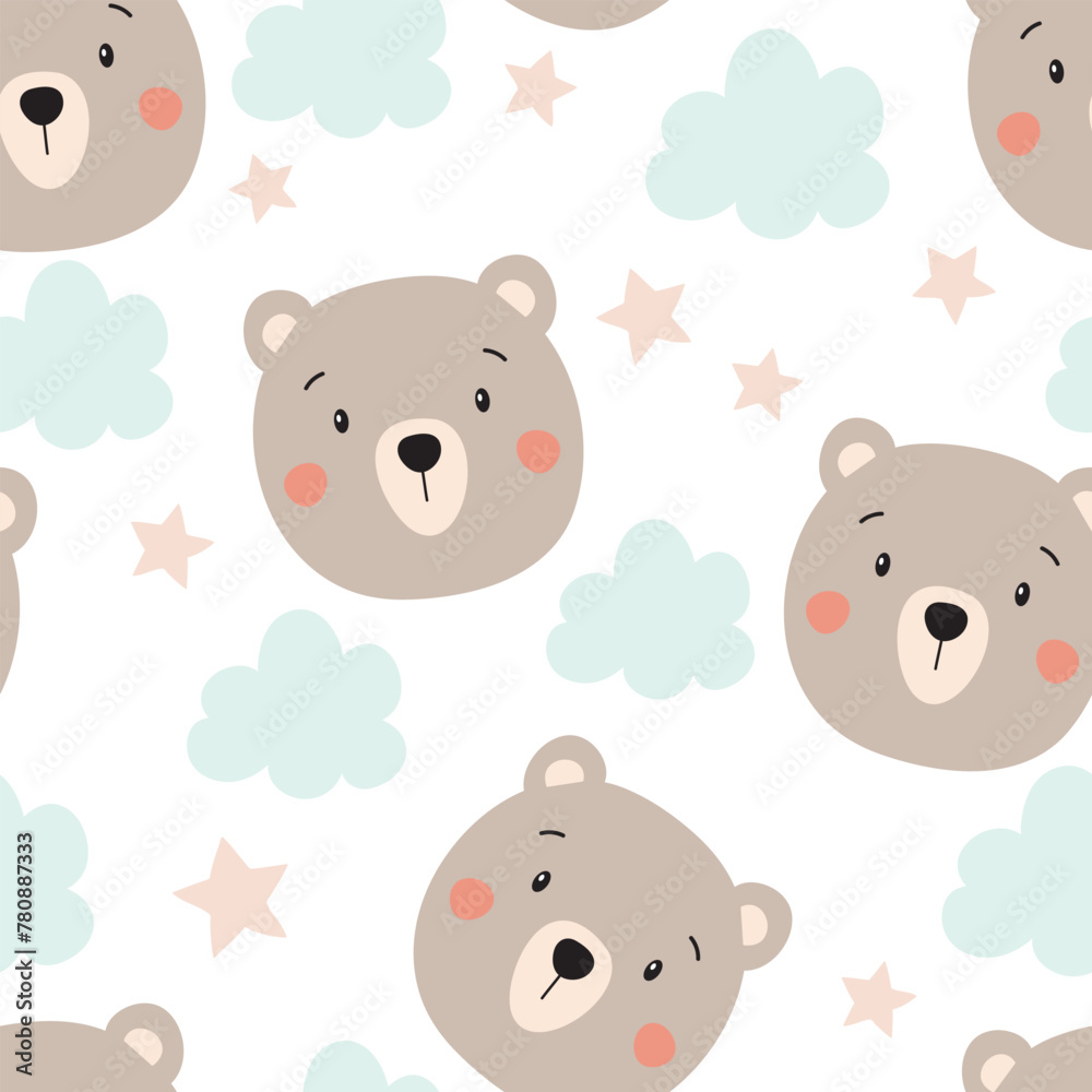 Seamless pattern with cute bear. Children background with bear, clouds and stars. Vector illustration. It can be used for wallpapers, wrapping, cards, patterns for clothing and others.