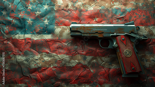 Colt Peacemaker. Us flag and gun concept independence day background. Judge gavel and gun on USA flag. Gun law concept, Ai generated