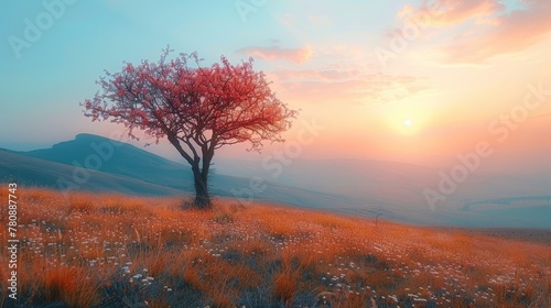  A solitary tree atop a verdant hillside, bathed in blue sky, sun setting in the distance