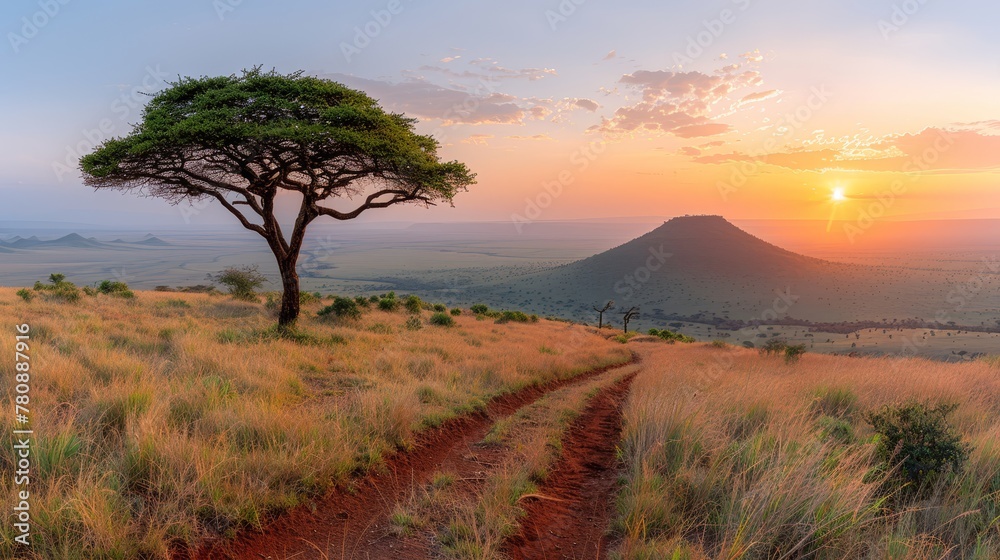   A dirt trail winds to a solitary tree in a sunset-lit field Behind, a mountain silhouetted against the setting sun