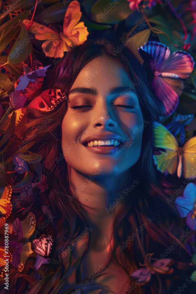 Charming woman stands smiling while being surrounded by fluttering butterflies in a vibrant outdoor setting Charming woman stands smiling while being surrounded by fluttering butterflies in a vibrant outdoor setting