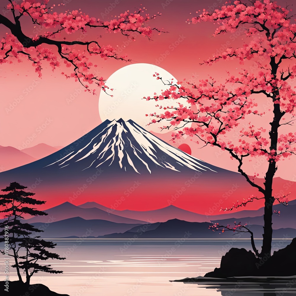 Mount Fuji majestically rising in background, framed by delicate cherry blossoms in full bloom, capturing essence of Japans natural beauty, cultural significance. For art, fashion, style, magazines.