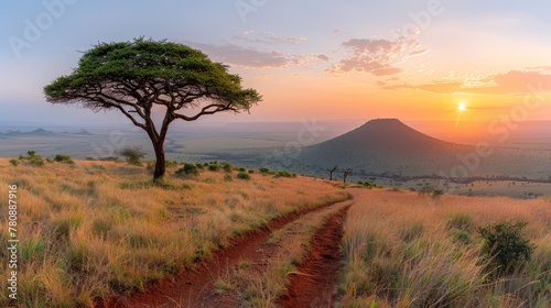  A dirt trail winds to a solitary tree in a sunset-lit field Behind, a mountain silhouetted against the setting sun