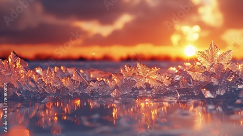  A group of ice crystals resting atop a water body, bathed in sunlight from a distant horizon