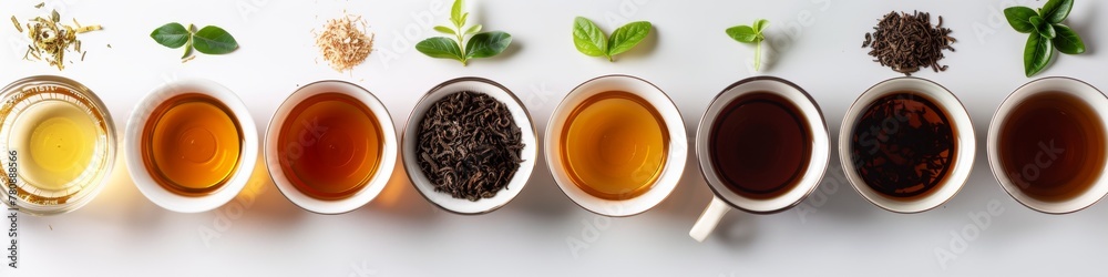 Types Tea Images Different types of tea in white ceramic cups on white background, top ...