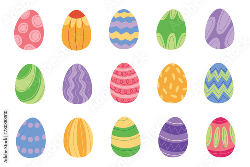 Happy Easter. Set of flat Easter eggs with different texture on white background. Spring holiday. Vector illustration. Happy Easter eggs (ID: 780888910)