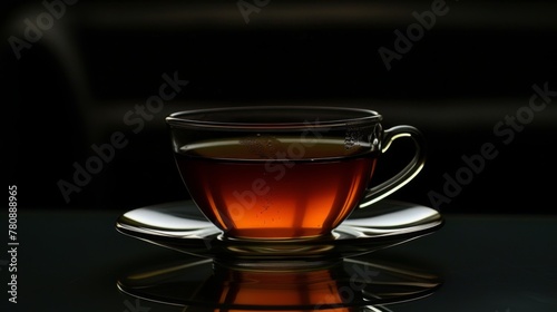 Close-up of a Clear Glass Cup Full of Hot Tea on a Black Background. The image shows a clear glass cup full of hot tea on a black background. 