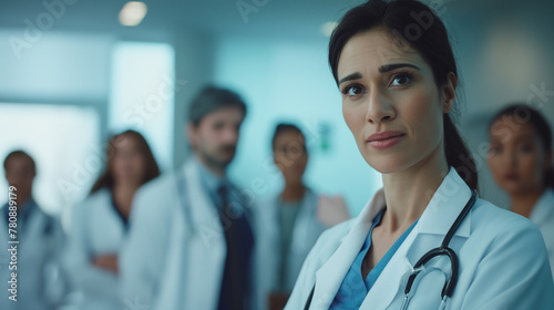 portrait of a team in a hospital and her presence commanding attention and respect, as her colleagues listen attentively to her expertise and guidance, conveying professionalism and leadership