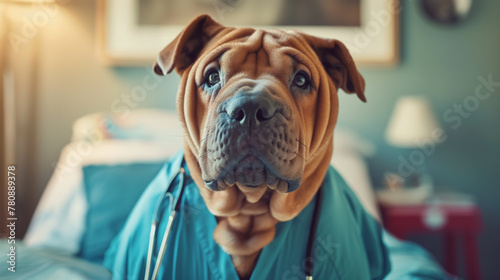 portrait of a dog in a doctor uniform