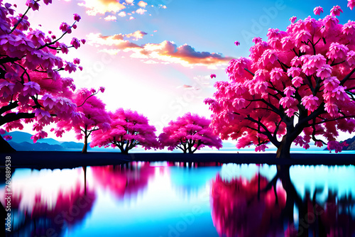 Lake with many cherry blossom trees. Generative AI