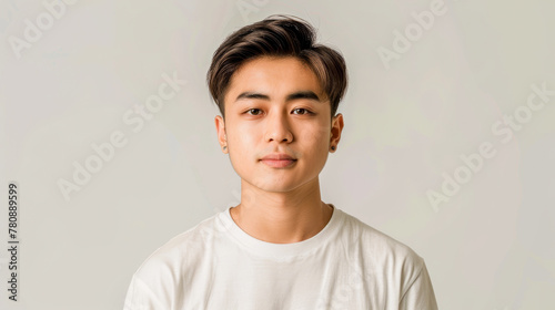 Young Asian man stands with a neutral facial expression against a solid gray background
