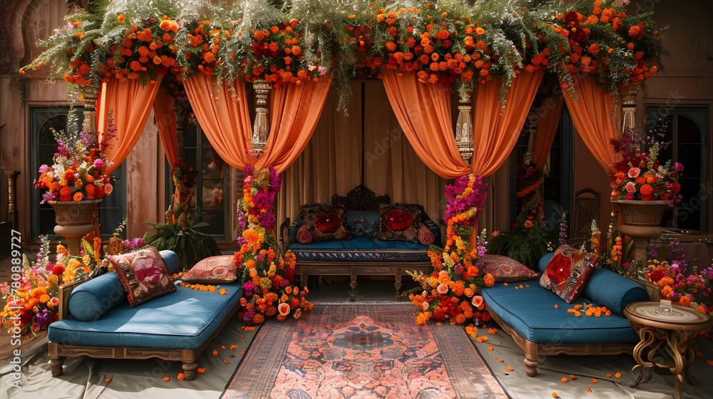 the Indian-style wedding theme enchants with its rich colors, luxurious fabrics, and elaborate decorations