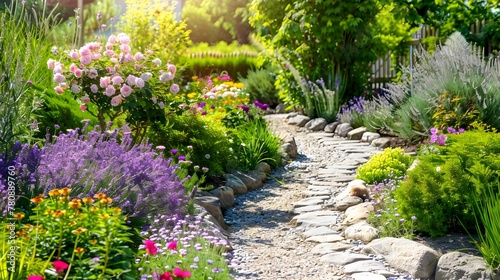 A picturesque garden full of summer blooms, including roses, daisies, and lavender, with a small stone path winding through it.