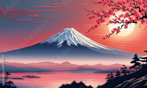 Majestic Mount Fuji, Japans iconic peak, bathed in warm hues of breathtaking sunset. Tranquil beauty of scene is accentuated by blending colors of sky. For art, creative projects, fashion, magazines.