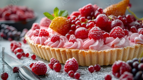   A tart topped with whipped cream, adorned with raspberries and oranges Nearby, a knife and fork wait