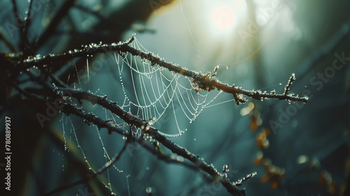 Dew-kissed spiderweb on spring morning photo