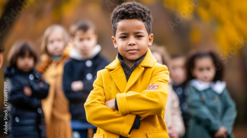 A young boy confidently poses with folded arms wearing a bright yellow coat among his peers