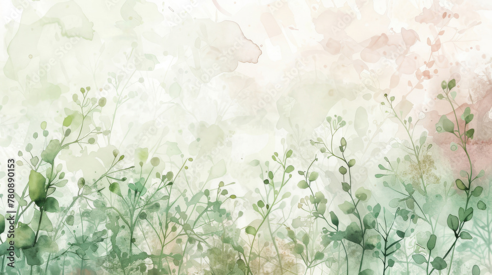 Fototapeta Artistic watercolor illustration with pastel botanical silhouettes perfect for a spring-themed background