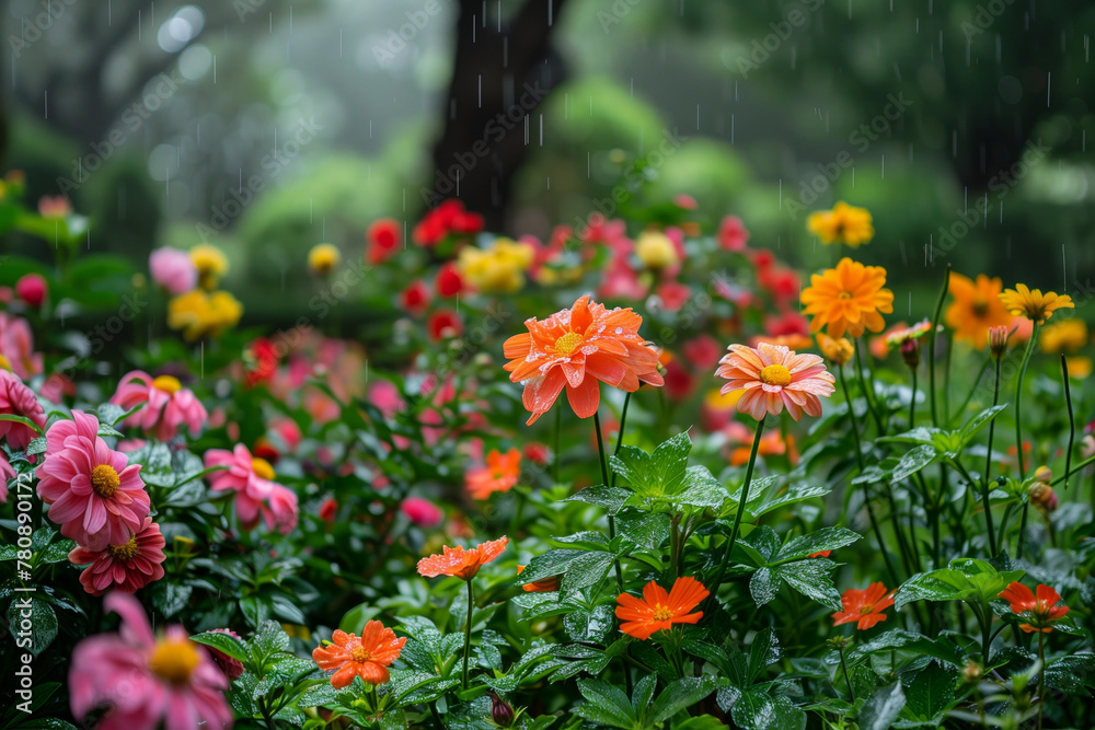 Colorful dahlia flowers in the rain