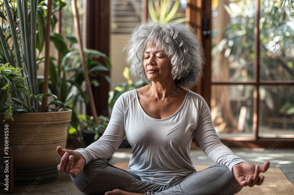 Senior african american woman with gray hair is sitting in a meditation position with her eyes closed. Senior african american woman with gray hair is sitting in a meditation position with her eyes closed.