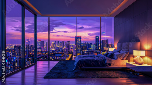 An opulent bedroom with floor-to-ceiling windows presents a breathtaking panoramic view of the city skyline at dusk, embodying luxury living