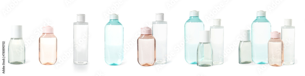 Set of many bottles of micellar water on white background Set of many bottles of micellar water on white background