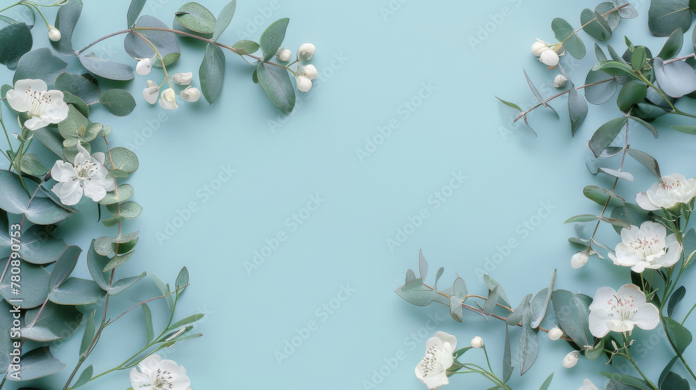 Serene spring floral frame on blue background