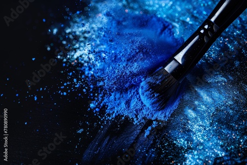 Blue powder splash on black background with powderbrush close up