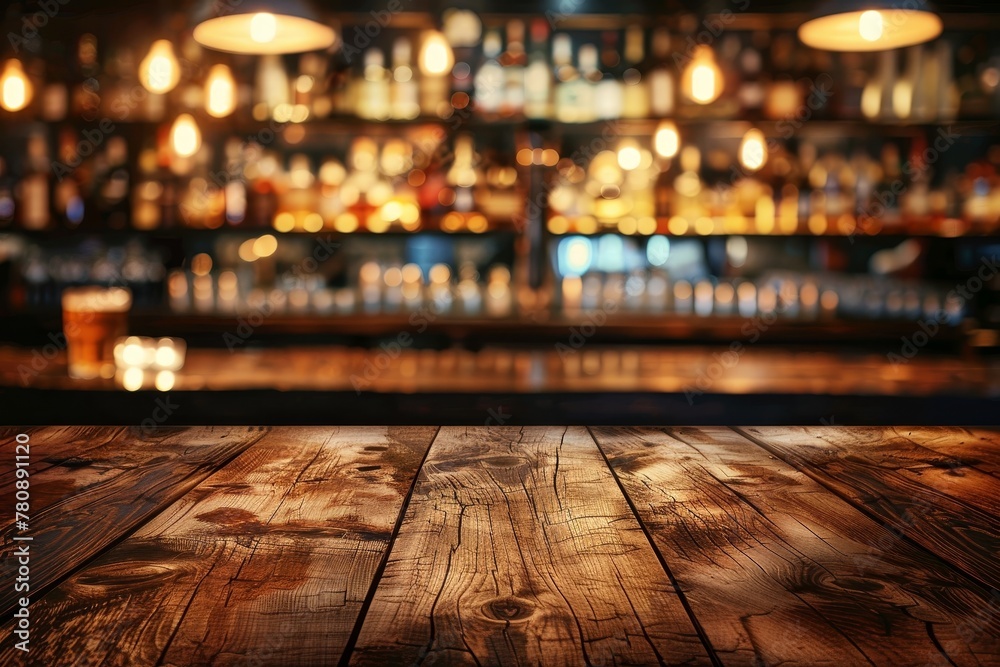 Blurry bar in view from wooden table Blurry bar in view from wooden table
