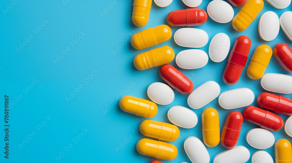 top view of pills and capsules on a bright blue background top view of pills and capsules on a bright blue background