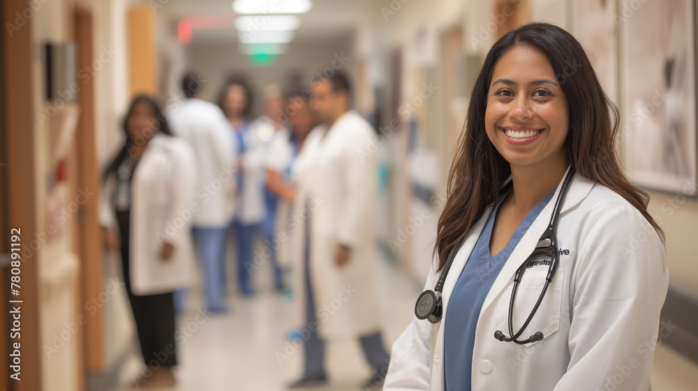 Against the backdrop of a hospital hallway, a smiling female doctor stands proudly alongside her medical colleagues, Against the backdrop of a hospital hallway, a smiling female doctor stands proudly alongside her medical colleagues,