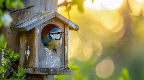 Capturing the adorable sight of a Blue Tit peeking curiously out of a rustic wooden birdhouse, nestled among blossoming tree branches